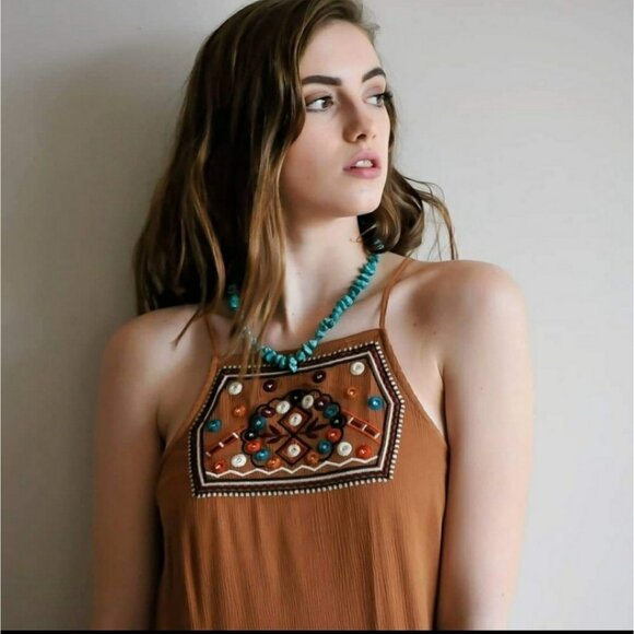 The Hanger embroidered whipstitch mini tunic dress brown multi - Picture 5 of 5